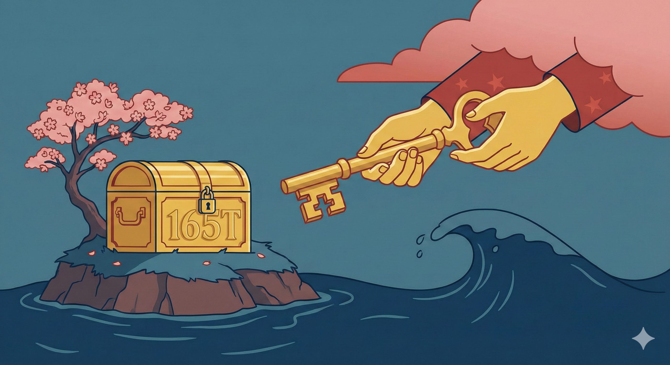 南鳥島の165兆円のレアアース資源を象徴する宝箱と、その鍵を握る中国を表現した風刺イラスト